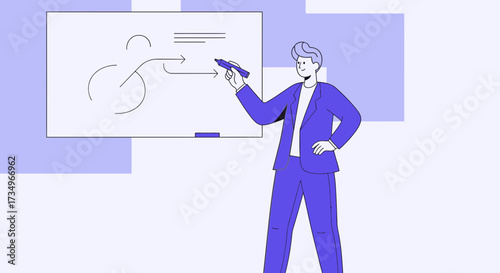 Businessman giving a presentation while pointing at a whiteboard during a business strategy