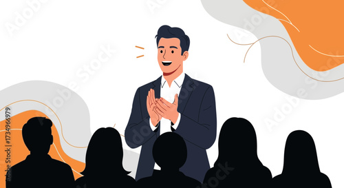 Businessman giving a speech and clapping in front of a crowd of people