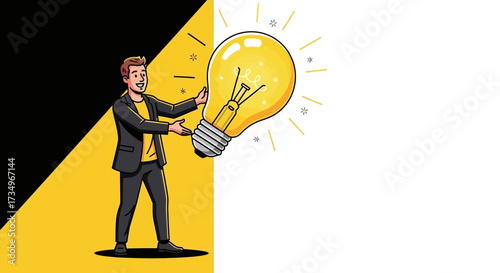 Businessman Holding a Giant Illuminated Idea Bulb in Front of Yellow and Black Background