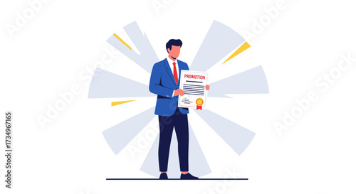 Businessman Holding a Promotion Certificate Signifying Advancement and Success in the Corporate World