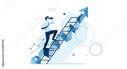 Businessperson Ascending Ladder Observing Future Growth Directional Illustration