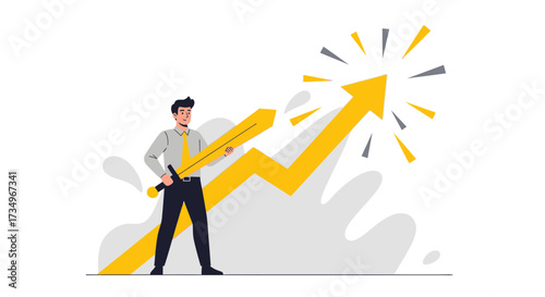 Businessman Holding Sword Puncturing up Arrow Indicating Growth and Success