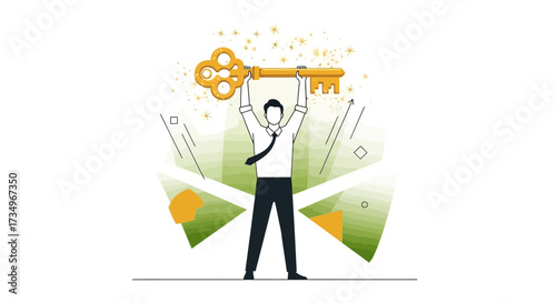 Businessman holds key to success victory symbol concept achievement unlock illustration