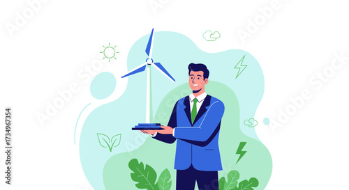 Businessman holds a miniature wind turbine promoting renewable and green energy solution