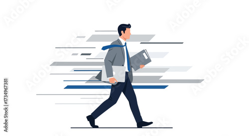Businessman hurried walking with laptop and documents in business, business concept