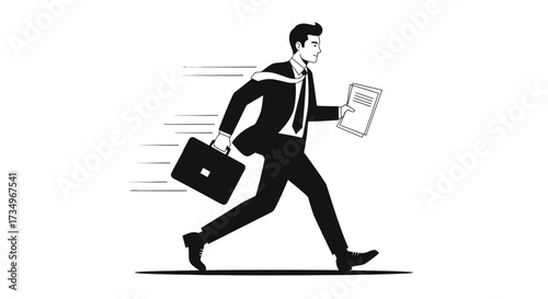 Businessman in a Suit Running Fast with Briefcase and Documents on White Background