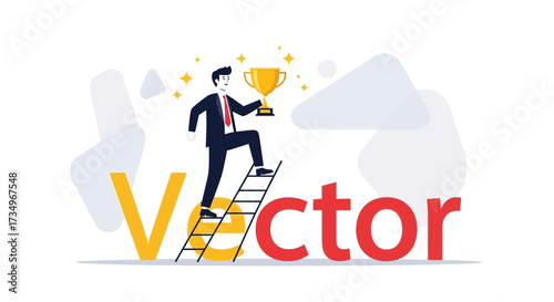 Businessperson Reaching Success Holding Trophy on Ladder to Achieve Victory on Bright Background
