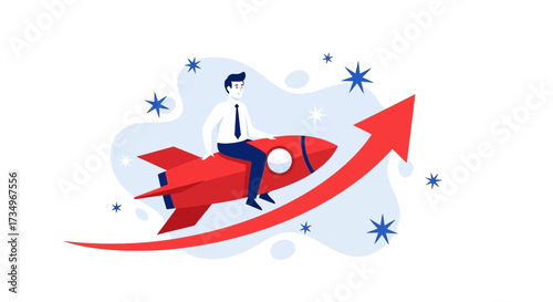 Businessperson Soaring to Success: Growth, Innovation, and New Heights Achieved Through Rocket