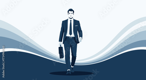 Businessman in a suit walking forward carrying a briefcase in monochrome illustration