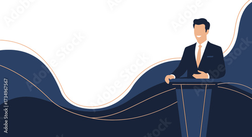 Businessperson Standing Behind Podium in Illustrated Geometric Design with Abstract Shapes