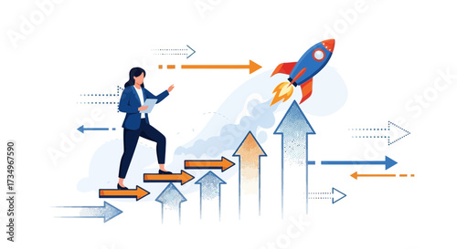 Businesswoman Achieves Success Launching Rocket, Climbing Stairs Towards New Heights Of Growth