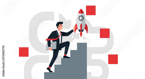 Businessman Launching Rocket Towards Success and Reaching New Heights, Aspirational Vision