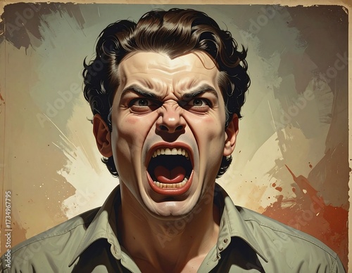 Intense portrait of a man expressing anger, rage, and frustration in a vintage style