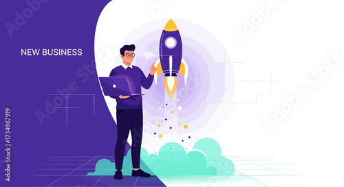 Businessman Observing The Launching Rocket Symbolizing New Business Initiative Start