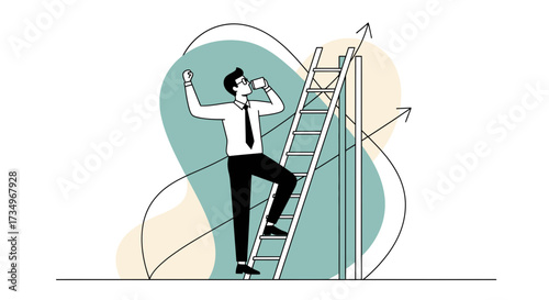 Businessman On A Ladder Drinking Refreshment Symbolizing Achievement And Success