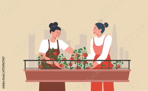 Minimalist Vector Illustration of Women Gardening on Urban Balcony