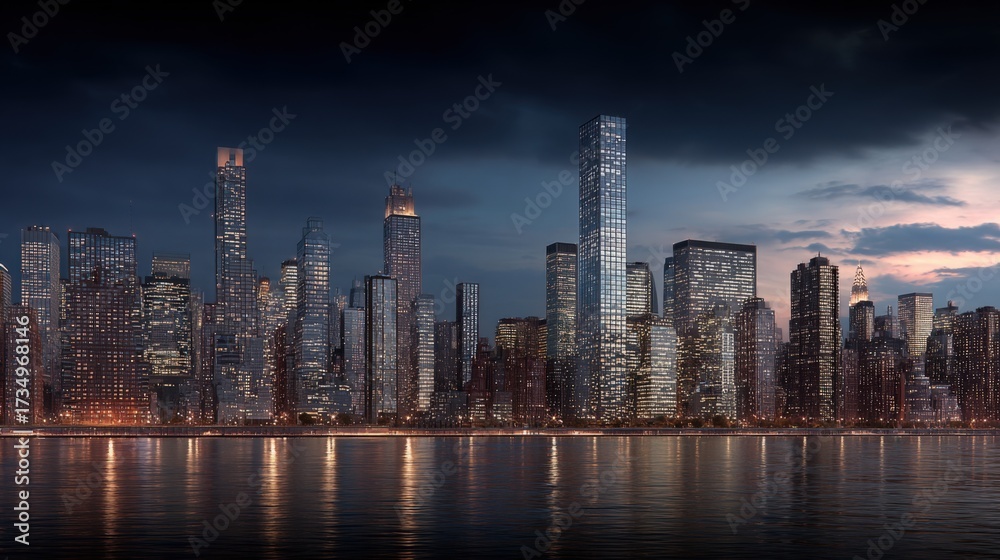 Fototapeta premium Dramatic Cityscape at Night: Modern Skyscrapers Reflecting in Calm Waters Under a Moody Sky