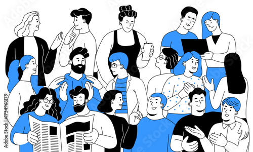 Crowd of communicating people. Group of diverse men and women, friends and colleagues, discussing something with each other. Happy characters engage in conversation. Line art vector illustration