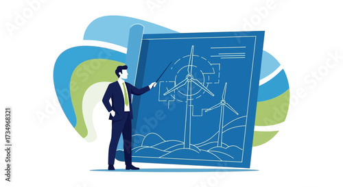 Businessman presenting a wind turbine blueprint representing sustainable energy and environment
