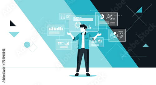 Businessman presenting business analytics and data visualization on a modern user interface
