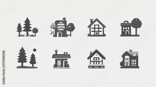 Monochrome house and home icons set, simple vector illustrations of residential buildings, property, and natural elements.