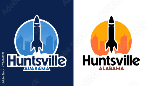 Huntsville Alabama with silhouette of rocket launching