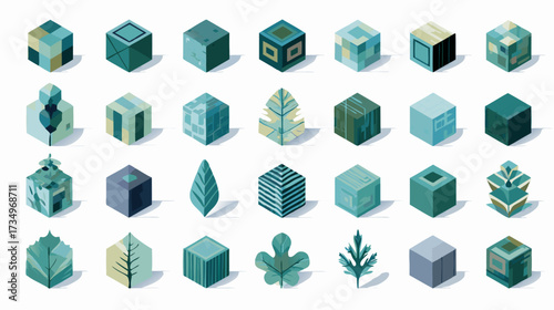 Abstract isometric graphic elements pattern, modern digital art with geometric shapes and leaves in blue-green tones.