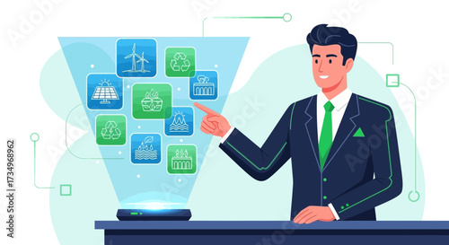 Businessman presenting renewable energy sources with a futuristic and modern interface