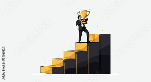 Businessman Reaching The Crest Of Success Standing On Top A Stairway Holding Trophy