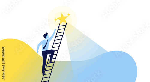 Businessman reaching the top of a ladder aiming for goals and achieving success