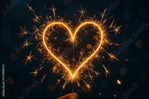 Long exposure golden sparkler trails forming heart shapes over deep blue night bokeh