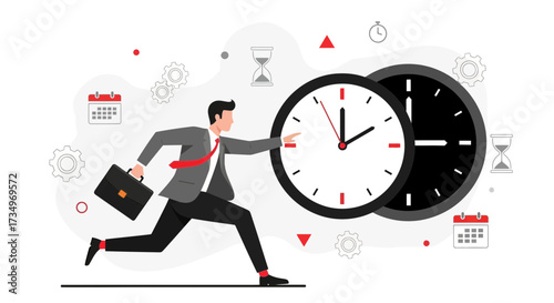 Businessman running towards time, concept of time management and deadlines in business