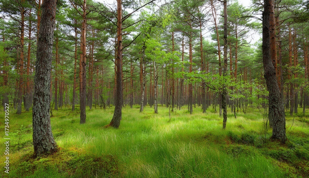 Fototapeta premium A verdant forest floor bathed in soft sunlight, showcasing tall pine trees and a carpet of vibrant green grass.