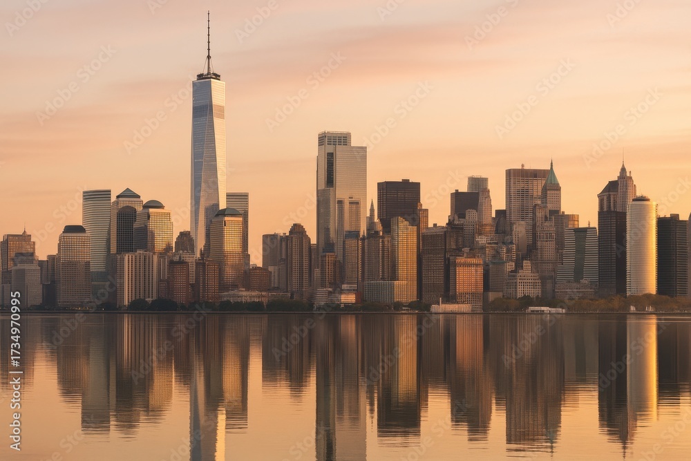 Obraz premium Sunrise panorama of Lower Manhattan skyline across calm water with glowing clouds