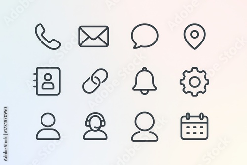 Universal contact and messaging icons collection thin line vector symbols on soft gradient