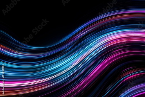 Vibrant abstract light trails flow against a dark background. Energetic patterns evoke a sense of futuristic motion and creativity.