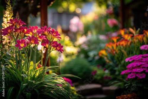 Wallpaper Mural Vibrant Garden Scene with Blooming Daylilies and Lush Greenery in Warm Sunlight Torontodigital.ca