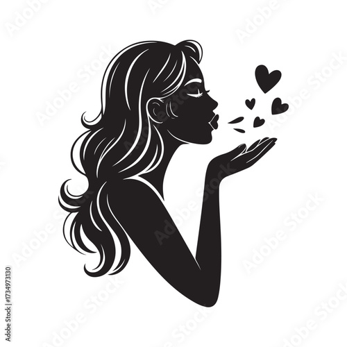 Silhouette Woman Blowing Kiss with Hearts Vector