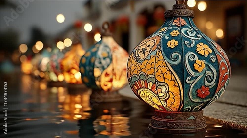 Colorful lanterns on water feature