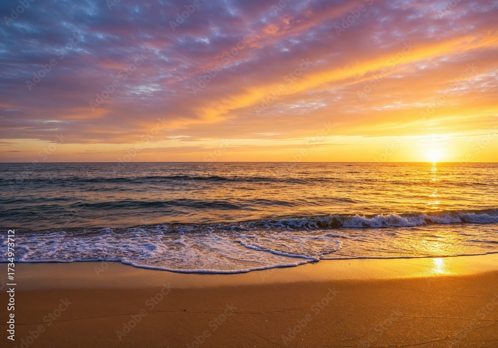 Obraz premium Golden Coast: A vibrant sunrise paints the sky above the serene ocean. Witness the stunning transition of colors as the sun ascends, creating a breathtaking coastal vista.