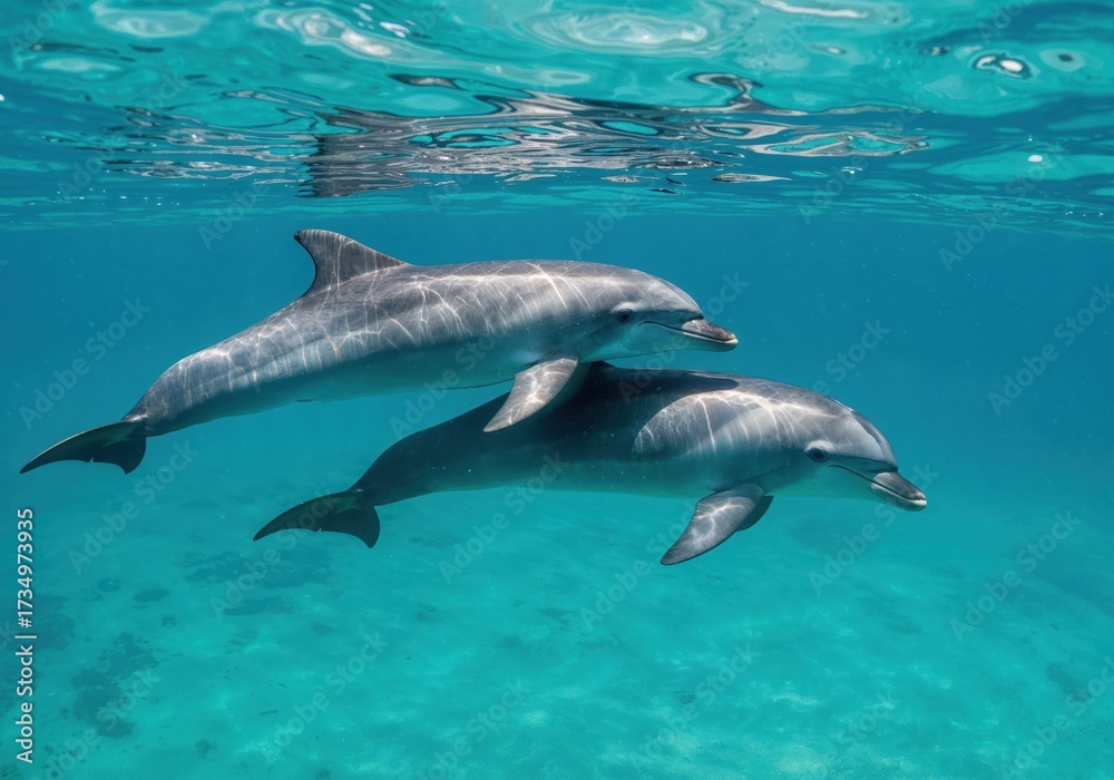 Obraz premium Dolphins in Aquatic Realm: Two playful dolphins swim gracefully in the depths of the crystal-clear ocean, showcasing their sleek forms and the serene beauty of marine life.