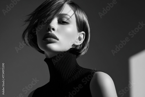 Monochrome Portrait of a Stylish Woman Wearing Wireless Earbuds, Expressing Modernity and Sophistication in a Studio Setting