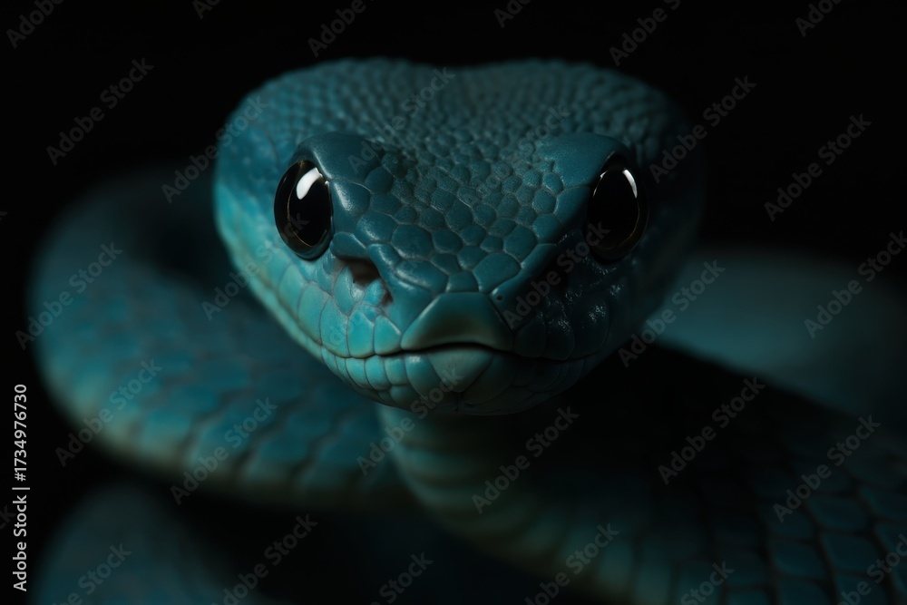 Fototapeta premium Electric blue viper closeup face with piercing eyes and detailed scales on dark