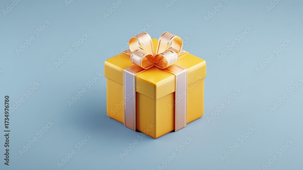 Obraz premium Yellow Gift Box with Ribbon on Blue Background, Festive Present for Celebration