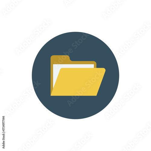 Flat design yellow file folder icon on dark circle background, representing documents, storage, and data management.