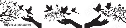 Bird flying from hand tree branch vector illustration freedom design graphic art