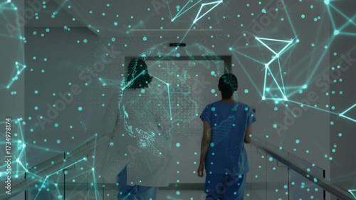 Doctor and nurse exchanging glance accelerating pace in hospital corridor toward pulsing data globe