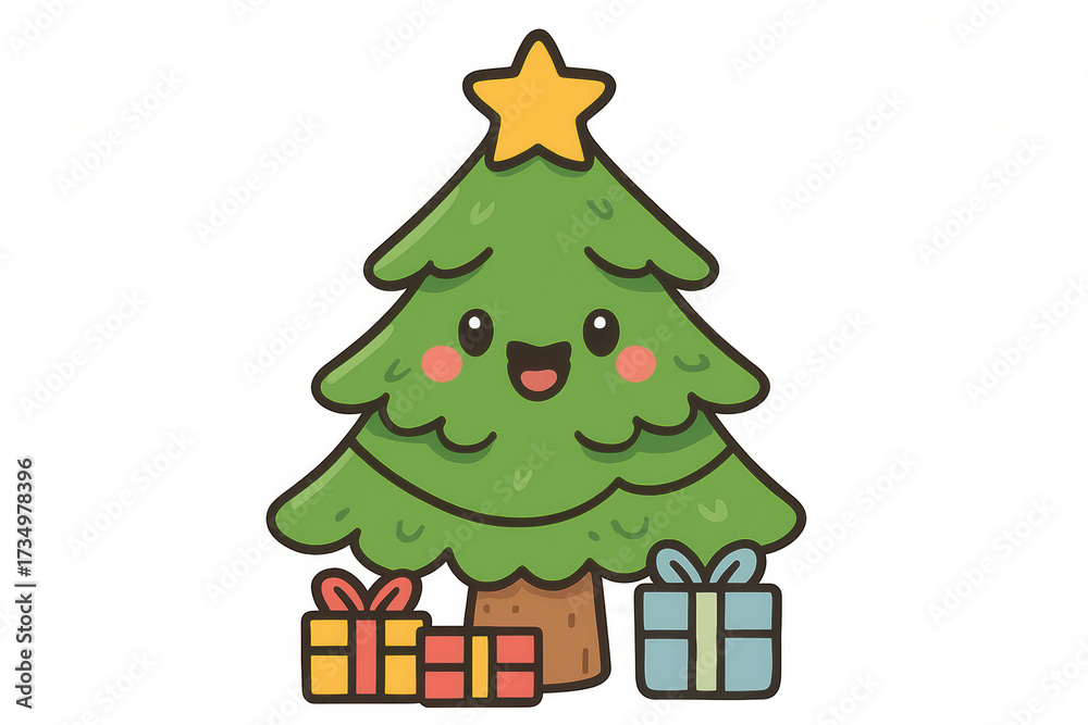 Naklejka premium Cute christmas tree character with star and presents, celebrating winter holidays, transparent background