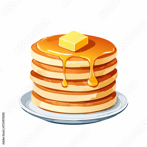 バターとメープルシロップのパンケーキの水彩画風イラスト