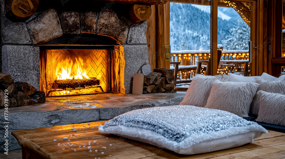 Fototapeta premium Cozy Living Room with Fireplace and Snow Outside Window